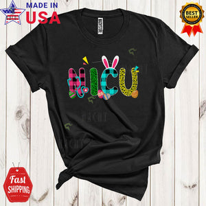 MacnyStore - NICU Cute Funny Easter Day Leopard Plaid Bunny Eggs Hunting Lover Matching Nurse Nursing Group T-Shirt