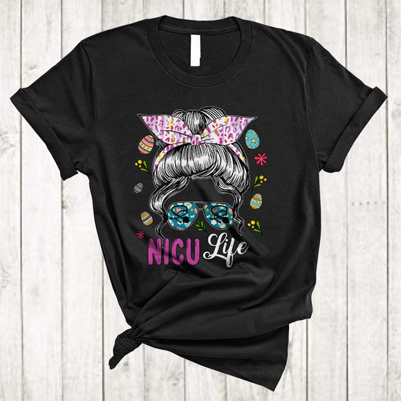 MacnyStore - NICU Life, Amazing Easter Day Bun Hair Woman Face Sunglasses, Egg Hunt Group Nurse T-Shirt