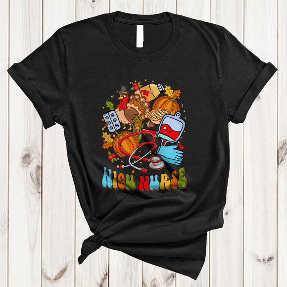 MacnyStore - NICU Nurse, Colorful Cute Thanksgiving Turkey Pumpkin Fall Leaf Nurse Tools, Matching Nurse Group T-Shirt