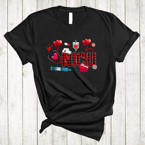 MacnyStore - NICU, Lovely Valentine's Day Plaid Hearts Stethoscope, Matching Nursing Lover Nurse Group T-Shirt