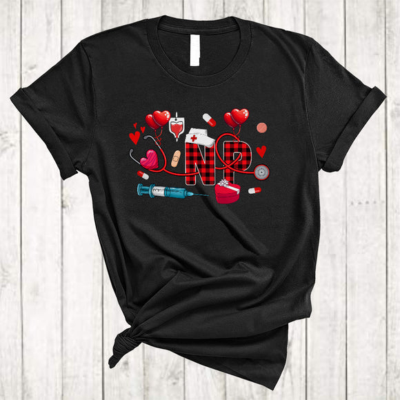 MacnyStore - NP, Lovely Valentine's Day Plaid Hearts Stethoscope, Matching Nursing Lover Nurse Group T-Shirt