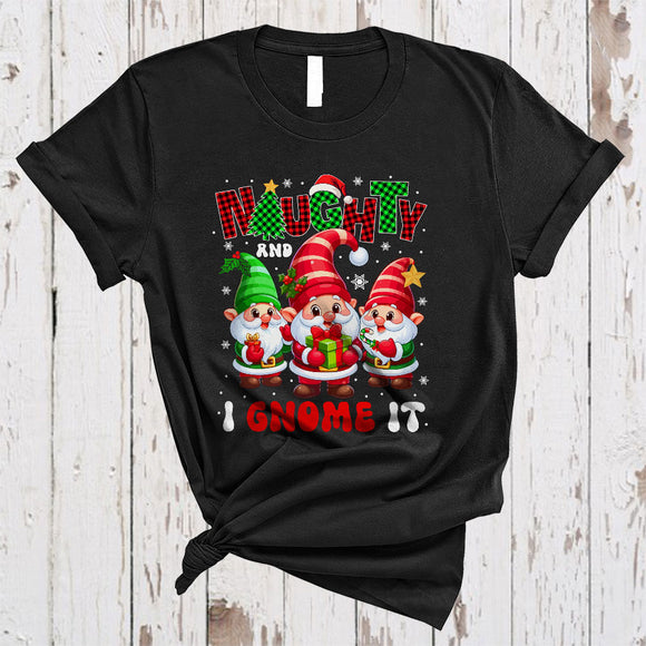 MacnyStore - Naughty And I Gnome It, Lovely Plaid Christmas Three Gnomies Gnomes Squad, X-mas Gnomes T-Shirt