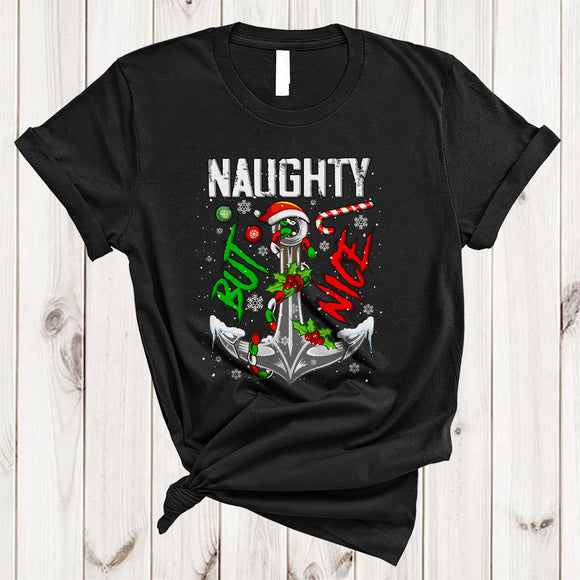 MacnyStore - Naughty But Nice, Funny Cool Christmas Santa Anchor, Snow Around Boat Sailing Lover T-Shirt