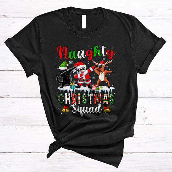 MacnyStore - Naughty Christmas Squad, Humorous Dabbing Cat Santa Reindeer, Snow Around X-mas Group T-Shirt