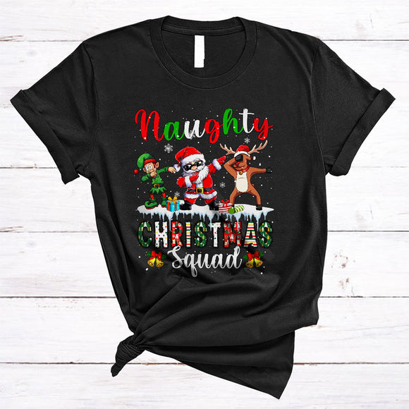 MacnyStore - Naughty Christmas Squad, Humorous Dabbing ELF Santa Reindeer, Snow Around X-mas Group T-Shirt