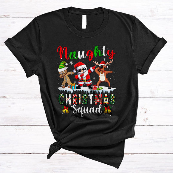 MacnyStore - Naughty Christmas Squad, Humorous Dabbing Gingerbread Santa Reindeer, Snow Around X-mas T-Shirt