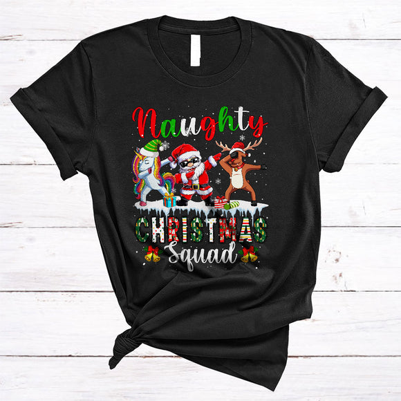 MacnyStore - Naughty Christmas Squad, Humorous Dabbing Unicorn Santa Reindeer, Snow Around X-mas T-Shirt