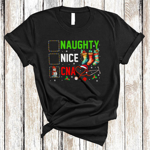 MacnyStore - Naughty Nice CNA Funny Cool Christmas Snow Xmas Snowman Nurse Matching Family Group T-Shirt