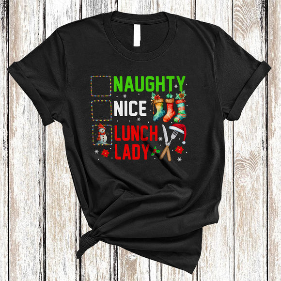 MacnyStore - Naughty Nice Lunch Lady Funny Cool Christmas Snow Xmas Snowman Lunch Lady Matching Family Group T-Shirt