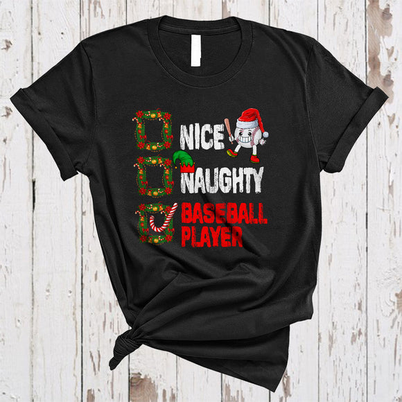 MacnyStore - Nice Naughty Baseball Player, Cheerful Christmas Naughty Santa List, ELF Sport Player Lover T-Shirt