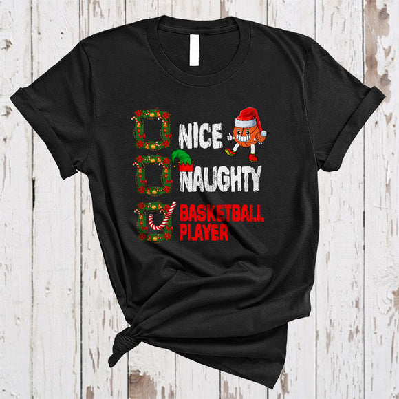 MacnyStore - Nice Naughty Basketball Player, Cheerful Christmas Naughty Santa List, ELF Sport Player Lover T-Shirt