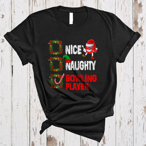 MacnyStore - Nice Naughty Bowling Player, Cheerful Christmas Naughty Santa List, ELF Sport Player Lover T-Shirt