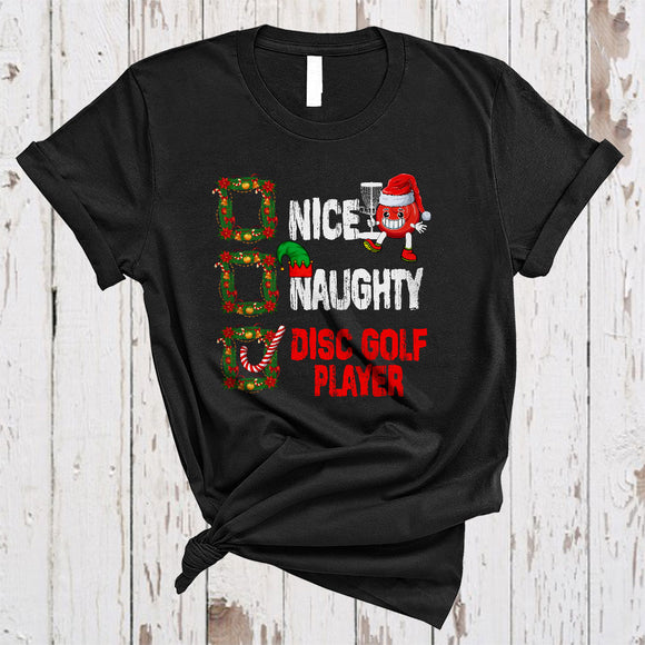 MacnyStore - Nice Naughty Disc Golf Player, Cheerful Christmas Naughty Santa List, ELF Sport Player Lover T-Shirt