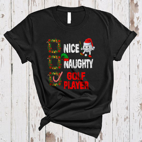 MacnyStore - Nice Naughty Golf Player, Cheerful Christmas Naughty Santa List, ELF Sport Player Lover T-Shirt