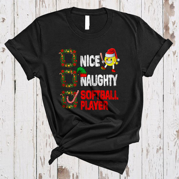 MacnyStore - Nice Naughty Softball Player, Cheerful Christmas Naughty Santa List, ELF Sport Player Lover T-Shirt
