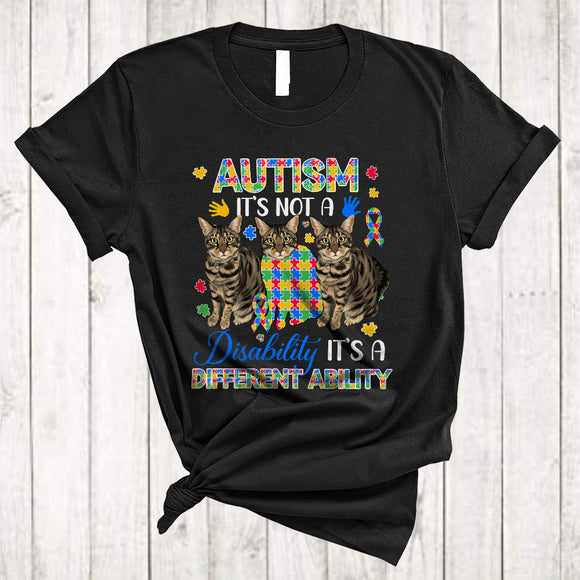 MacnyStore - Not A Disability It's A Different Ability, Humorous Autism Awareness Three Puzzle Cats Lover T-Shirt