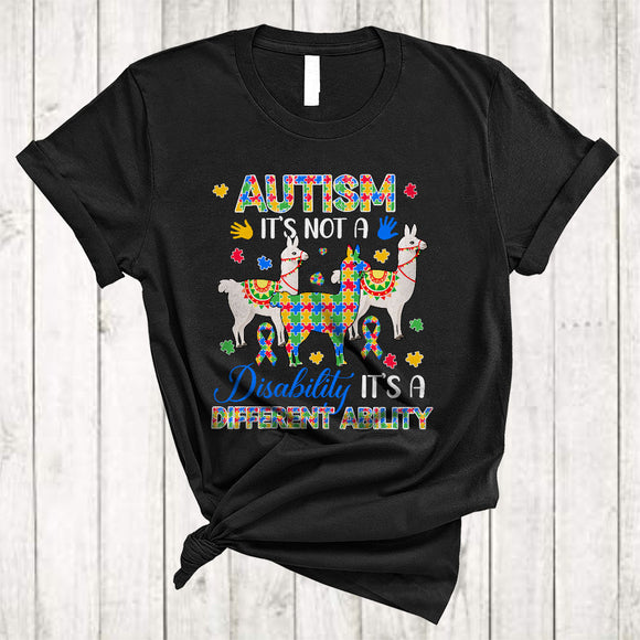 MacnyStore - Not A Disability It's A Different Ability, Humorous Autism Awareness Three Puzzle Llama Lover T-Shirt