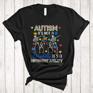 MacnyStore - Not A Disability It's A Different Ability, Humorous Autism Awareness Three Puzzle Skeleton Lover T-Shirt