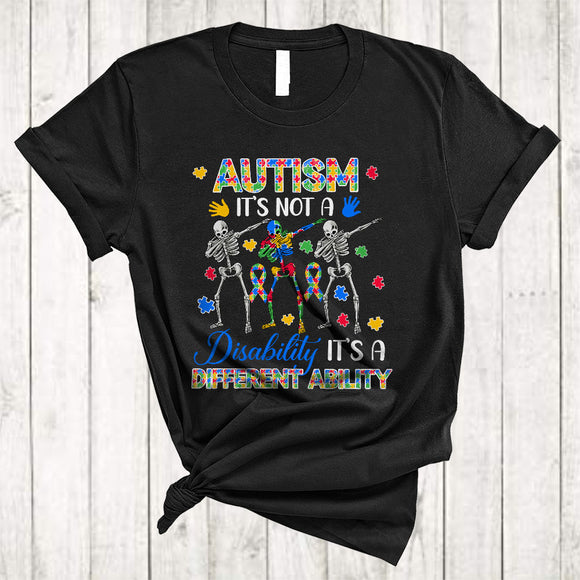 MacnyStore - Not A Disability It's A Different Ability, Humorous Autism Awareness Three Puzzle Skeleton Lover T-Shirt