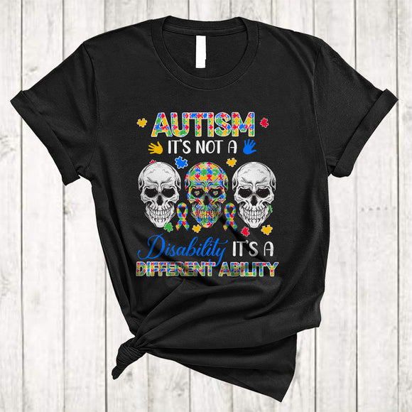 MacnyStore - Not A Disability It's A Different Ability, Humorous Autism Awareness Three Puzzle Skulls Lover T-Shirt