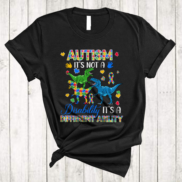 MacnyStore - Not A Disability It's A Different Ability, Humorous Autism Awareness Three Puzzle T-Rex Lover T-Shirt