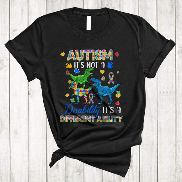 MacnyStore - Not A Disability It's A Different Ability, Humorous Autism Awareness Three Puzzle T-Rex Lover T-Shirt