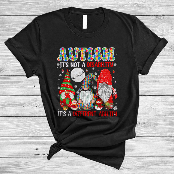 MacnyStore - Not A Disability It's A Different Ability, Lovely Christmas Autism Awareness Three Puzzle Gnomes T-Shirt