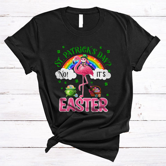 MacnyStore - Not St. Patrick's Day It's Easter, Adorable Easter Day Bunny Riding Flamingo Lover, Rainbow T-Shirt