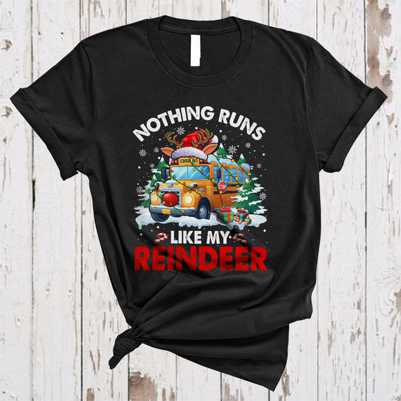 MacnyStore - Nothing Runs Like My Reindeer, Humorous Christmas Santa Reindeer School Bus, X-mas Lights Tree T-Shirt