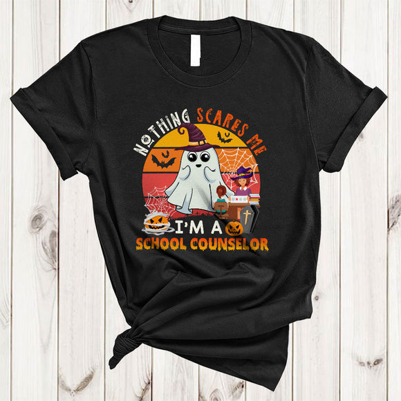 MacnyStore - Nothing Scares Me I'm A School Counselor Creepy Retro Halloween Matching Witch Boo Ghost T-Shirt