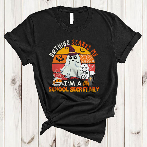 MacnyStore - Nothing Scares Me I'm A School Secretary Creepy Retro Halloween Matching Witch Boo Ghost T-Shirt