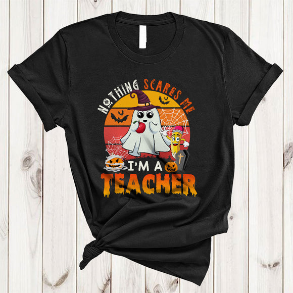 MacnyStore - Nothing Scares Me I'm A Teacher Creepy Retro Halloween Matching Witch Boo Ghost Lover T-Shirt