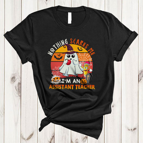 MacnyStore - Nothing Scares Me I'm An Assistant Teacher Creepy Retro Halloween Matching Witch Boo Ghost T-Shirt