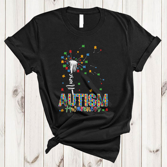 MacnyStore - Nurse Autism Awareness, Colorful Autism Puzzle Pieces Dandelion, Flowers Family Group T-Shirt