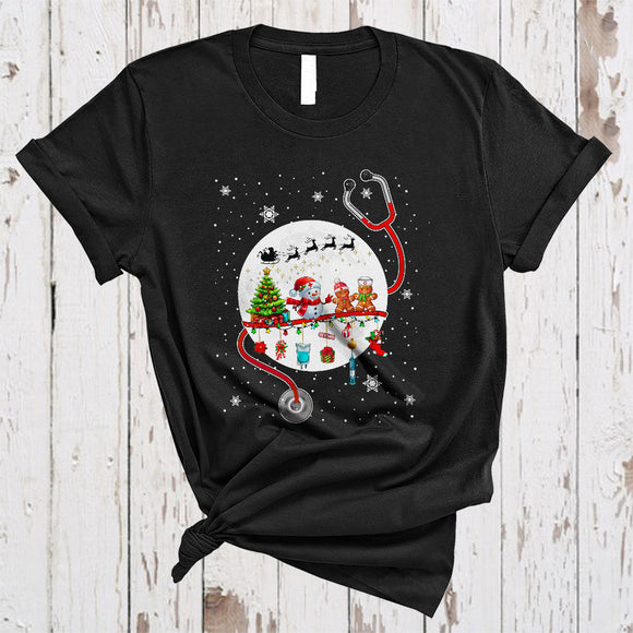 MacnyStore - Nurse Christmas Moon, Adorable Christmas Lights Snowman Stethoscope, X-mas Nurse Group T-Shirt