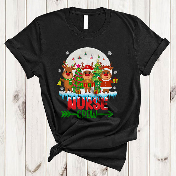 MacnyStore - Nurse Crew 2023, Cute Adorable Christmas Tree Three Reindeers, Matching X-mas Group T-Shirt