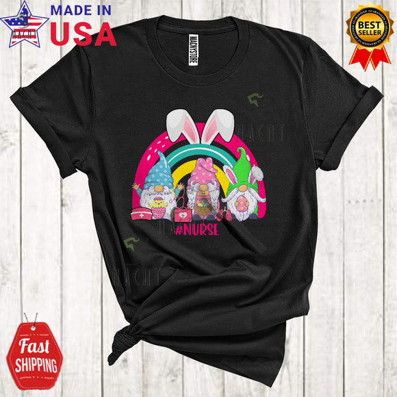 MacnyStore - Nurse Cute Cool Easter Day Three Bunny Gnomes Squad Rainbow Eggs Hunt Lover T-Shirt