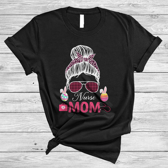 MacnyStore - Nurse Mom, Awesome Easter Day Pink Leopard Plaid Bun Hair Women, Bunny Eggs T-Shirt