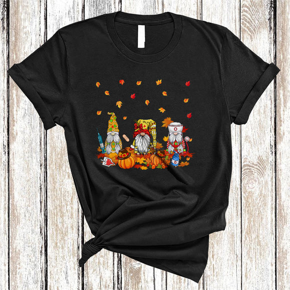 MacnyStore - Nurse Tools, Cute Nurse Three Gnomes, Thanksgiving Pumpkin Fall Leaves T-Shirt