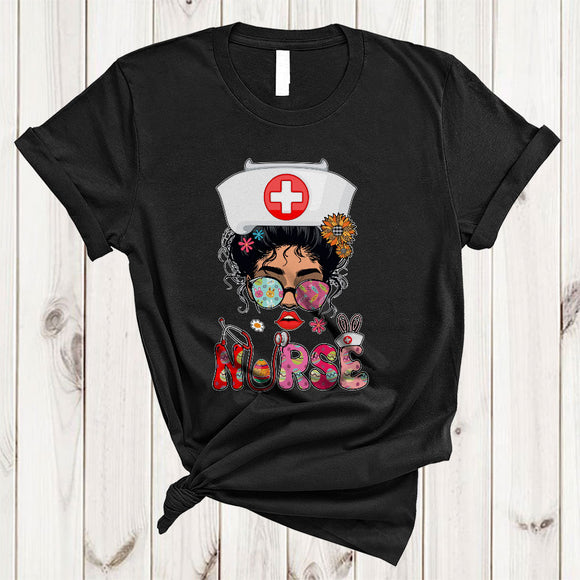 MacnyStore - Nurse, Adorable Easter Messy Bun Hair Women Bunny, Flowers Easter Eggs Sunglasses T-Shirt