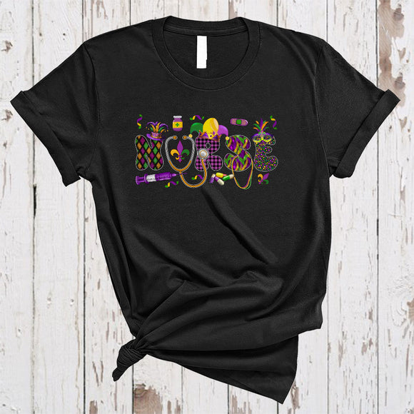 MacnyStore - Nurse, Cheerful Mardi Gras Plaid Mask Jester Hat Beads, Matching Stethoscope Nursing Squad T-Shirt