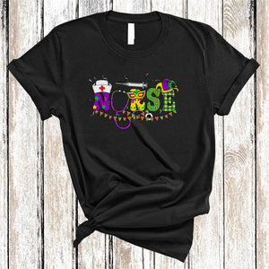 MacnyStore - Nurse, Cheerful Mardi Gras Squad Nurse Lover, Mardi Gras Mask Jester Hat Parades Group T-Shirt