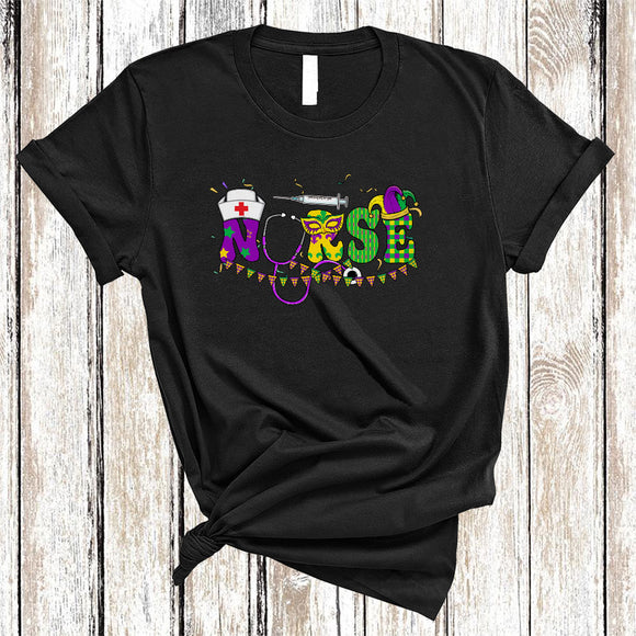 MacnyStore - Nurse, Cheerful Mardi Gras Squad Nurse Lover, Mardi Gras Mask Jester Hat Parades Group T-Shirt