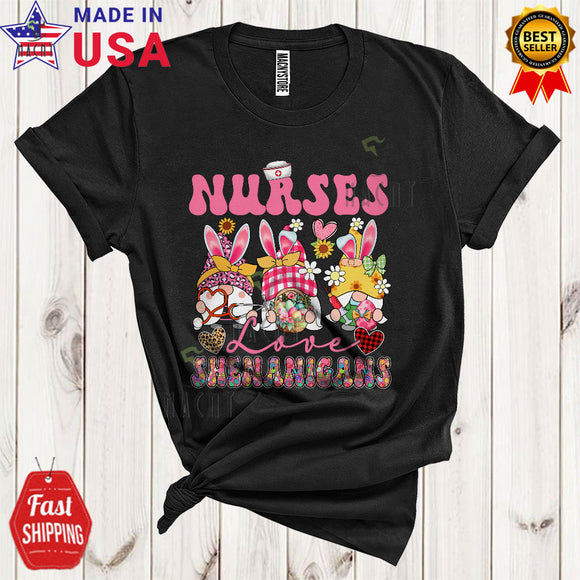 MacnyStore - Nurses Love Shenanigans Cool Cute Easter Leopard Plaid Hearts Flowers Three Bunny Gnomes T-Shirt
