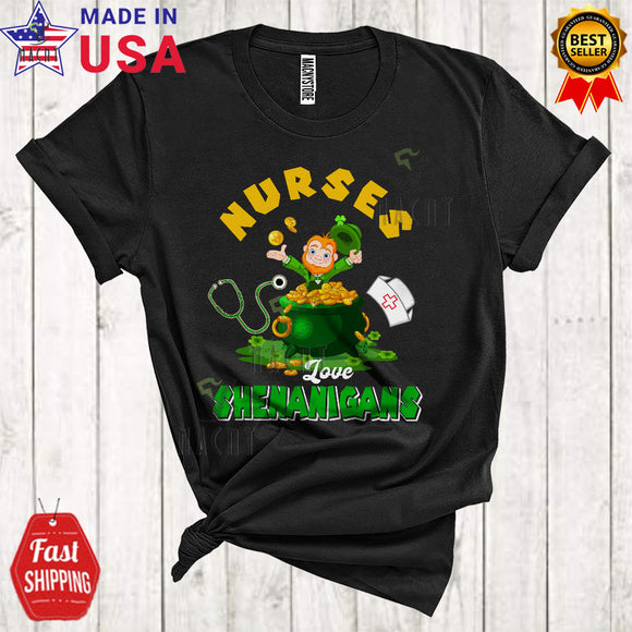 MacnyStore - Nurses Love Shenanigans Cute Happy St. Patrick's Day Leprechaun In Pot Of Gold Coins Lover T-Shirt