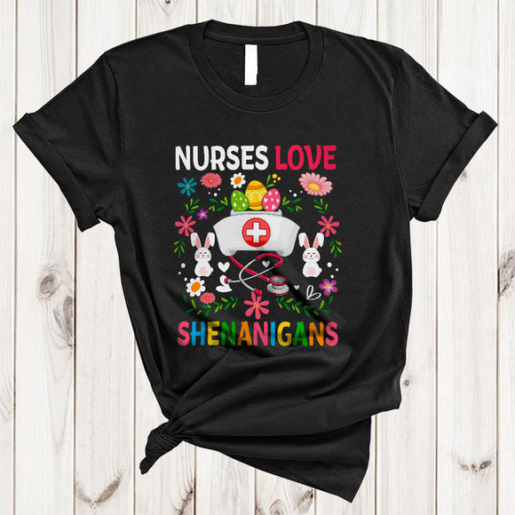 MacnyStore - Nurses Love Shenanigans, Floral Easter Day Nurse Bunny, Matching Egg Hunt Family Group T-Shirt