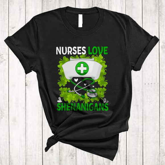 MacnyStore - Nurses Love Shenanigans, Happy St. Patrick's Day Nurse Nursing Lover, Irish Group Shamrocks T-Shirt