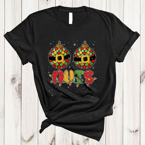 MacnyStore - Nuts, Colorful Cool Christmas Lights Two Santa Baubles Chestnuts, Adult Couples X-mas T-Shirt