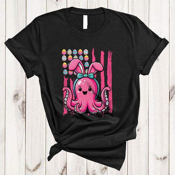 MacnyStore - Octopus Bunny Easter Egg US Flag, Lovely Easter Day Sea Animal Lover, Egg Hunt Family Group T-Shirt