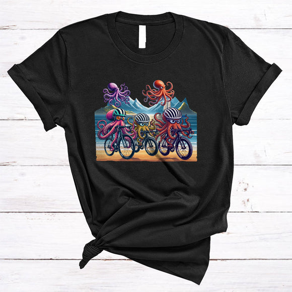MacnyStore - Octopus Riding Bicycle, Humorous Sea Animal Lover, Bicycle Riding Friends Family Group T-Shirt